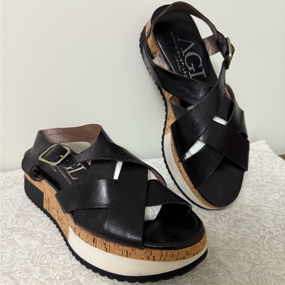 AGL STRAPPY BLACK LEATHER CORK & FOAM WEDGE PLATFORM SANDALS Size 8 Chunky